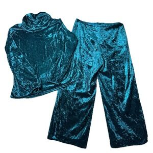 Womens M Cottagecore Retro Glam Teal Crushed Velvet Velor Cowl Neck Festival Set